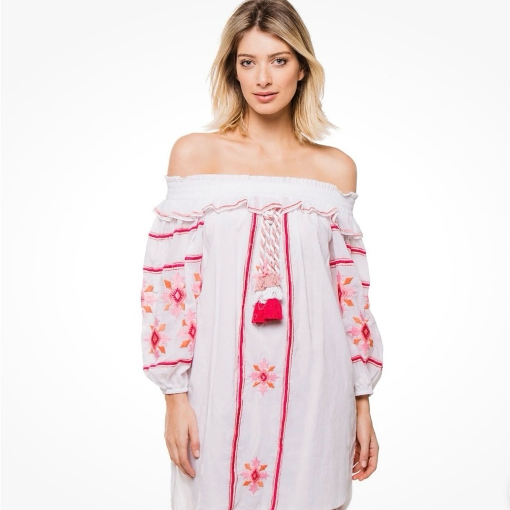 MISA has Off-Shoulder White Dress with Pink Floral Embroidery